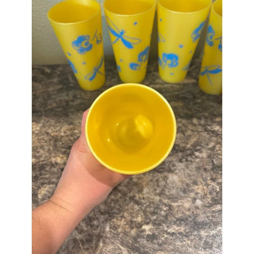 Thermo-serv USA vintage yellow blue dragonfly floral cup tumbler lot 20 oz mcm